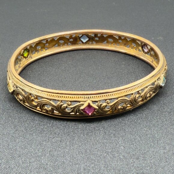PB&R Jewelry - Vintage Filigree Gold and Glass Gem Bangle Bracelet Signed PB&R